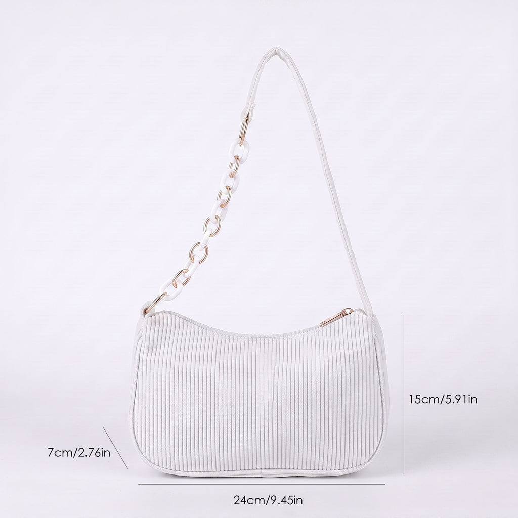 Small Corduroy Shoulder Bag with Mixed Chain Strap and Zip Closure