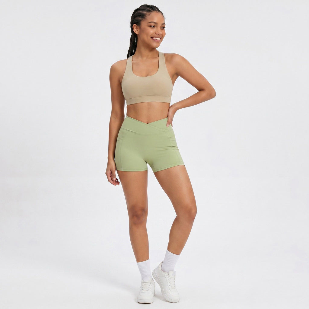 High Waist Crossover Waistband Pocket Workout Biker Shorts
