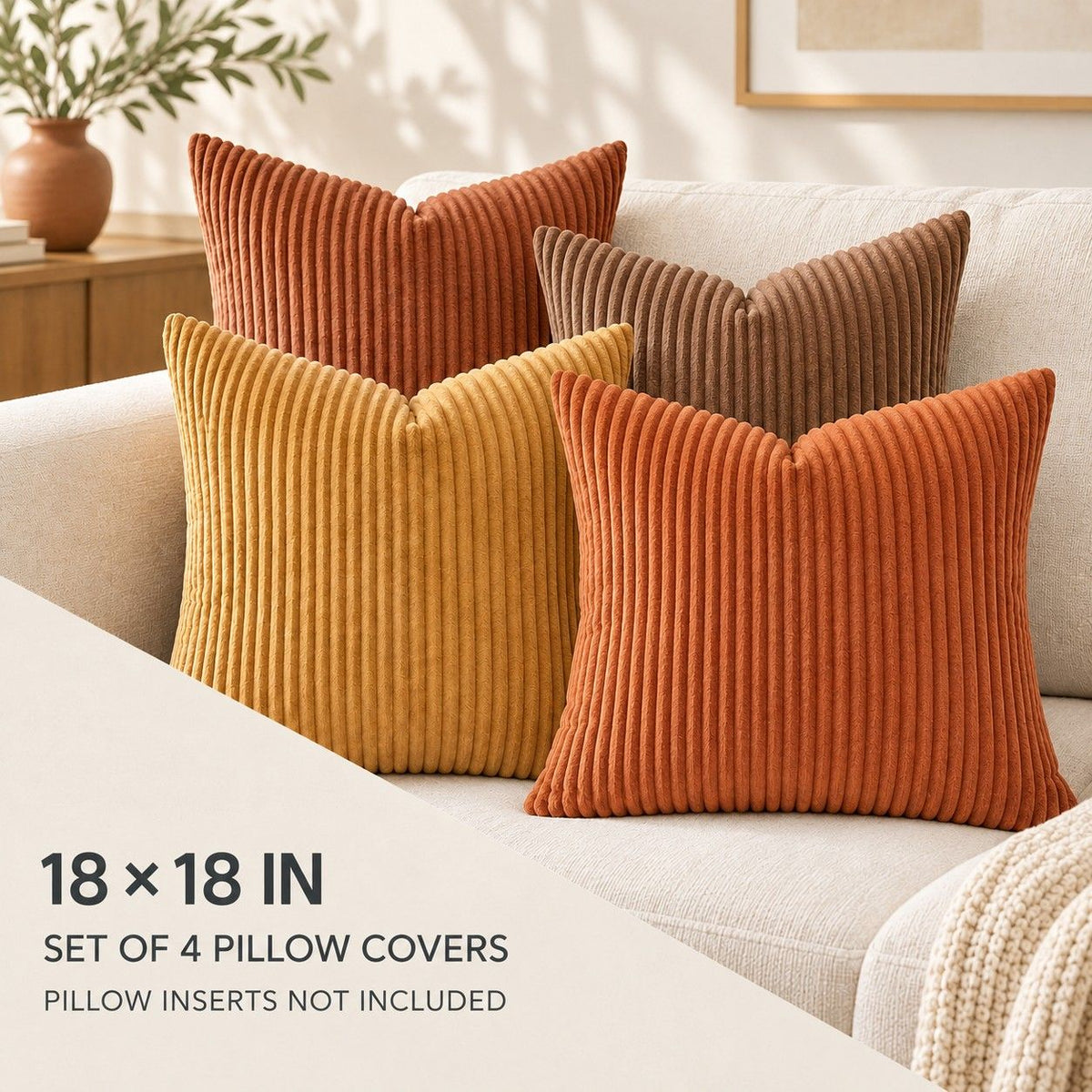 4 Pack Corduroy Throw Pillow Covers 18 x 18 Inch Wide Stripe Texture