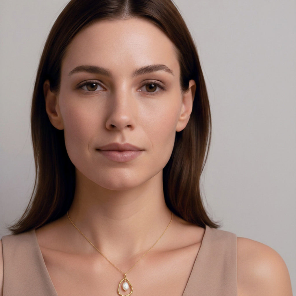 Textured Open Teardrop Pendant Necklace with Organic Hammered Frame and Dainty Suspended Faux Pearl Accent Charm
