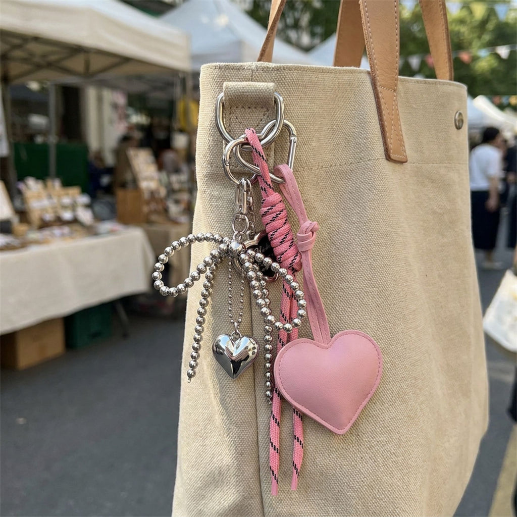 Heart Bag Charm Keychain with Beaded Bow Accent Clip and Faux Leather Heart Pendant