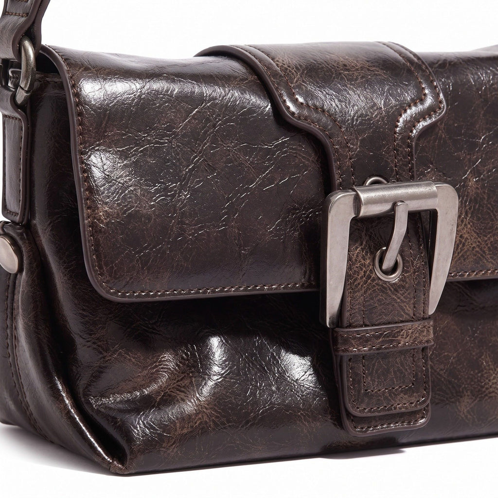 Distressed-Look Flap Shoulder Bag with Metal Clasp