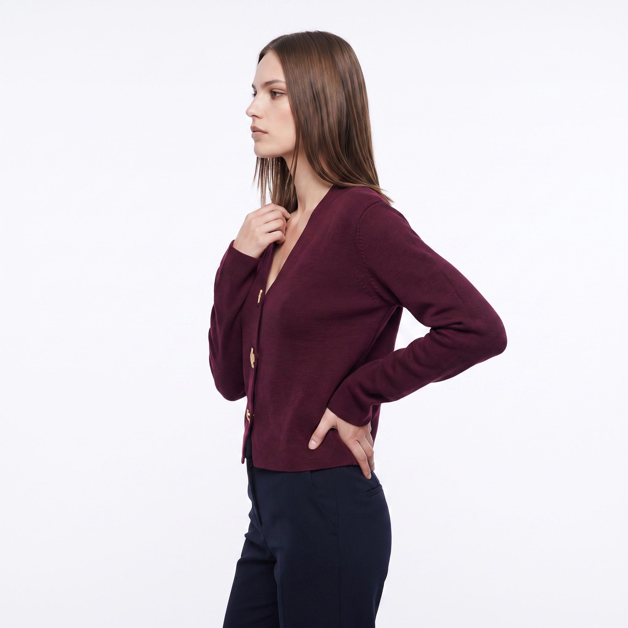V Neck Decorative Gold Button Knit Cardigan Sweater