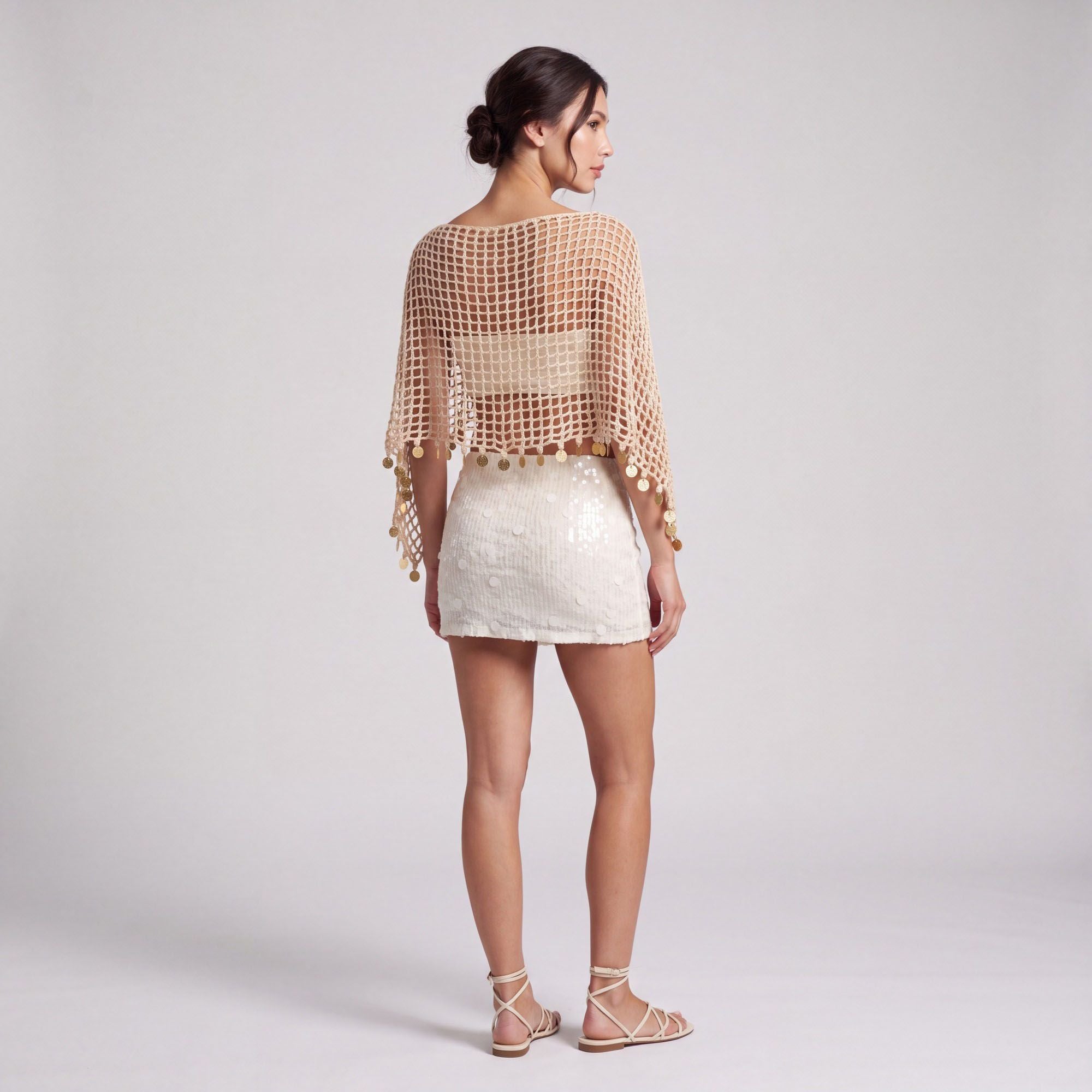 Open Knit Crochet Poncho Capelet with Metallic Disc Trim, Boat Neck and Draped Three Quarter Sleeves 35*11In
