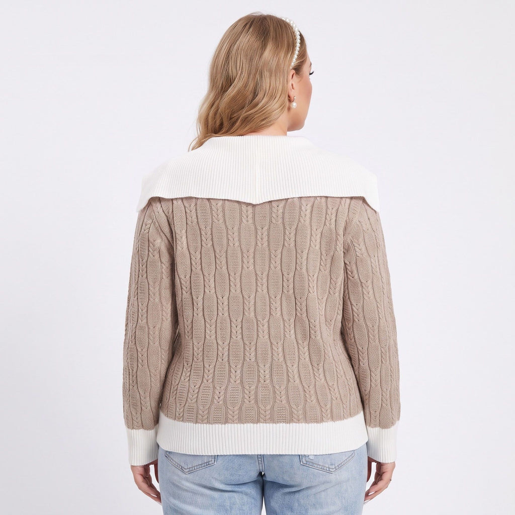 Plus Size Cable Knit Contrast Collar V-Neck Sweater