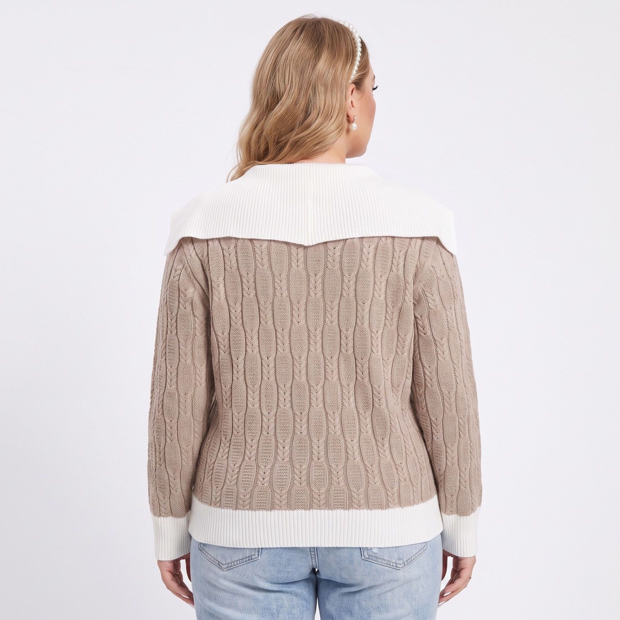 Plus Size Cable Knit Contrast Collar V-Neck Sweater