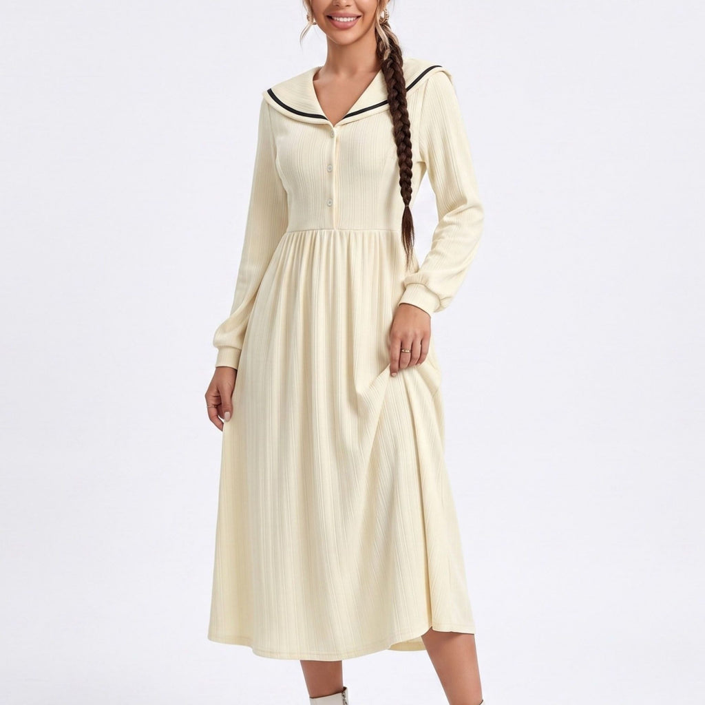 Cream Sailor Collar Long Sleeve Button Front Fit and Flare Midi Dress