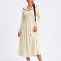 Cream Sailor Collar Long Sleeve Button Front Fit and Flare Midi Dress