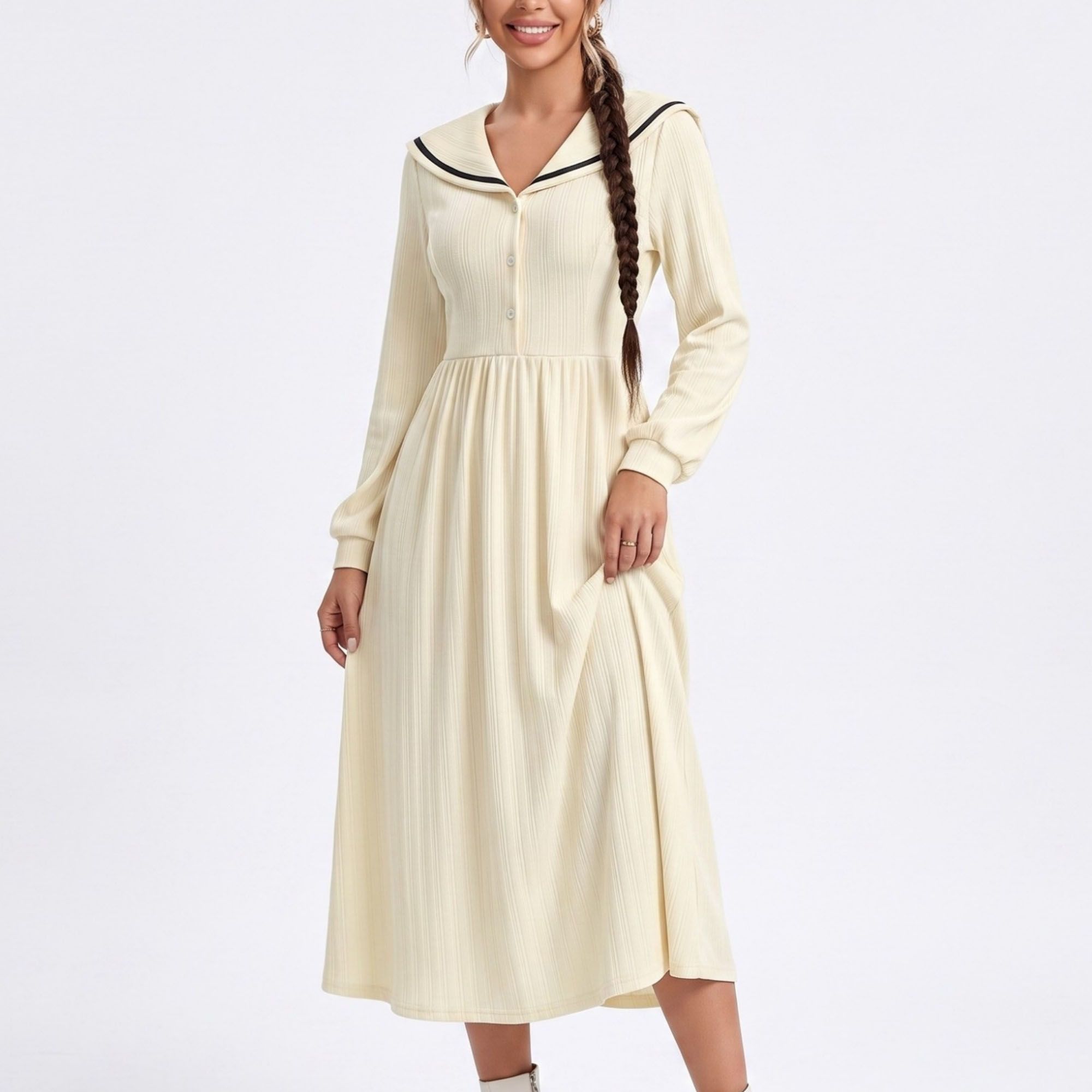 Cream Sailor Collar Long Sleeve Button Front Fit and Flare Midi Dress