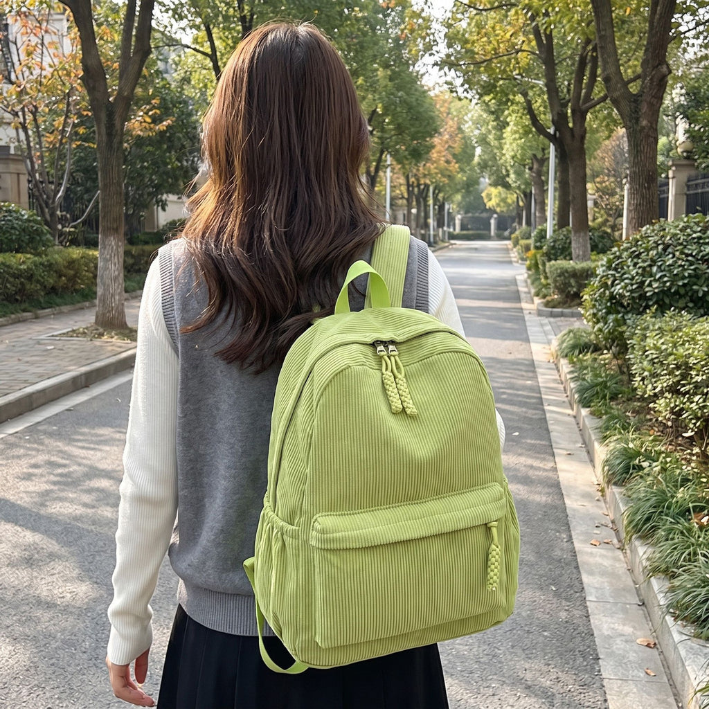 Corduroy Backpack with Front Zip Pocket Adjustable Straps and Spacious Everyday Storage
