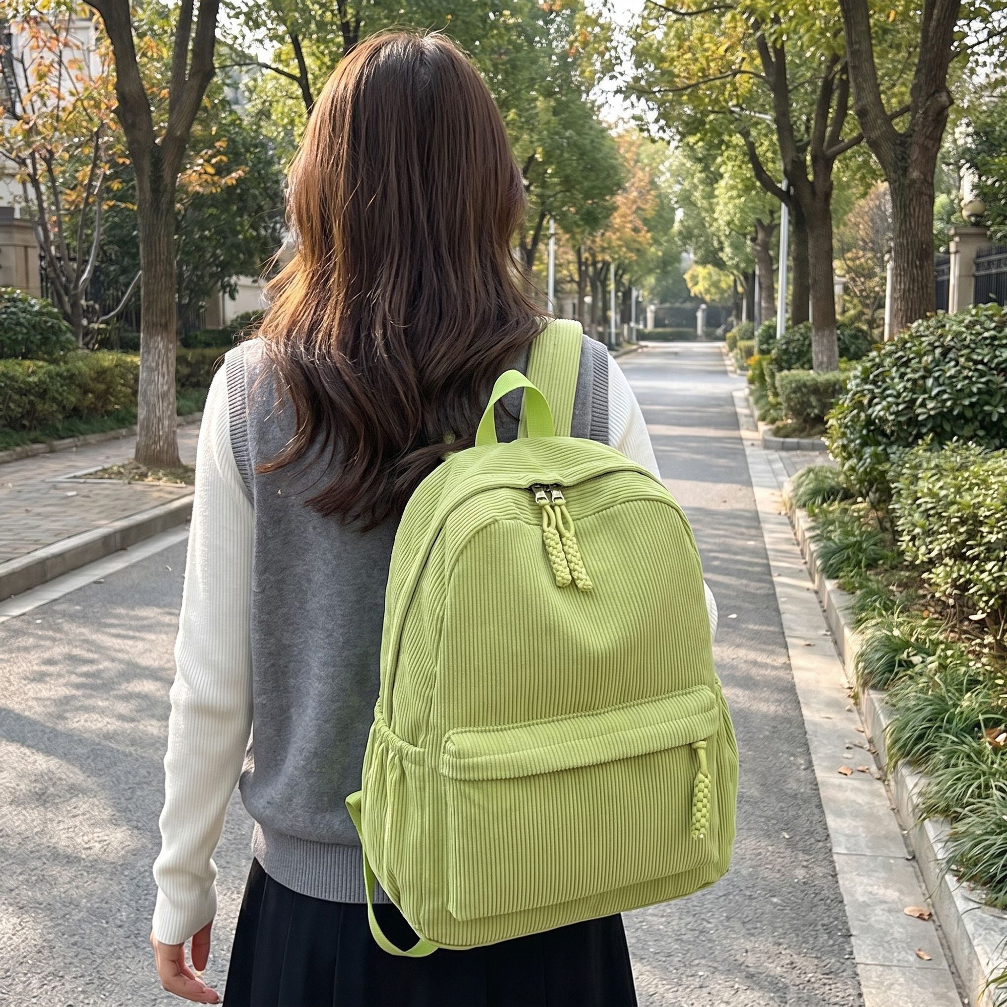 Corduroy Backpack with Front Zip Pocket Adjustable Straps and Spacious Everyday Storage