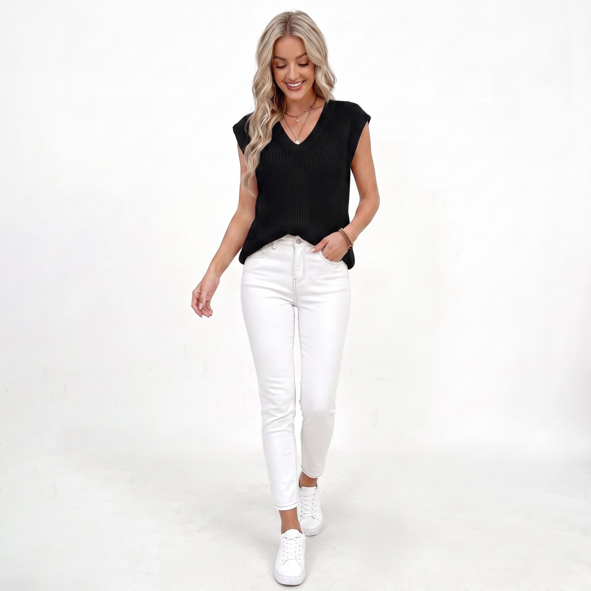 Anna-Kaci Women's V Neck Sweater Vest Sleeveless Textured Knit Pullover Top