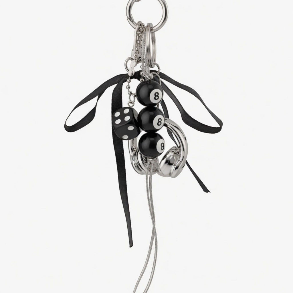 8 Ball Dice Charm Keychain with Headphone Pendant Ribbon Tassel Bag Charm Key Ring Accessory