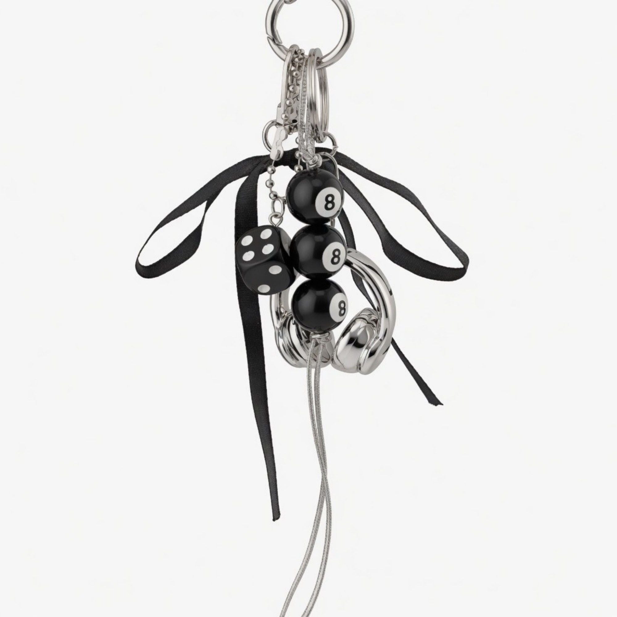 8 Ball Dice Charm Keychain with Headphone Pendant Ribbon Tassel Bag Charm Key Ring Accessory