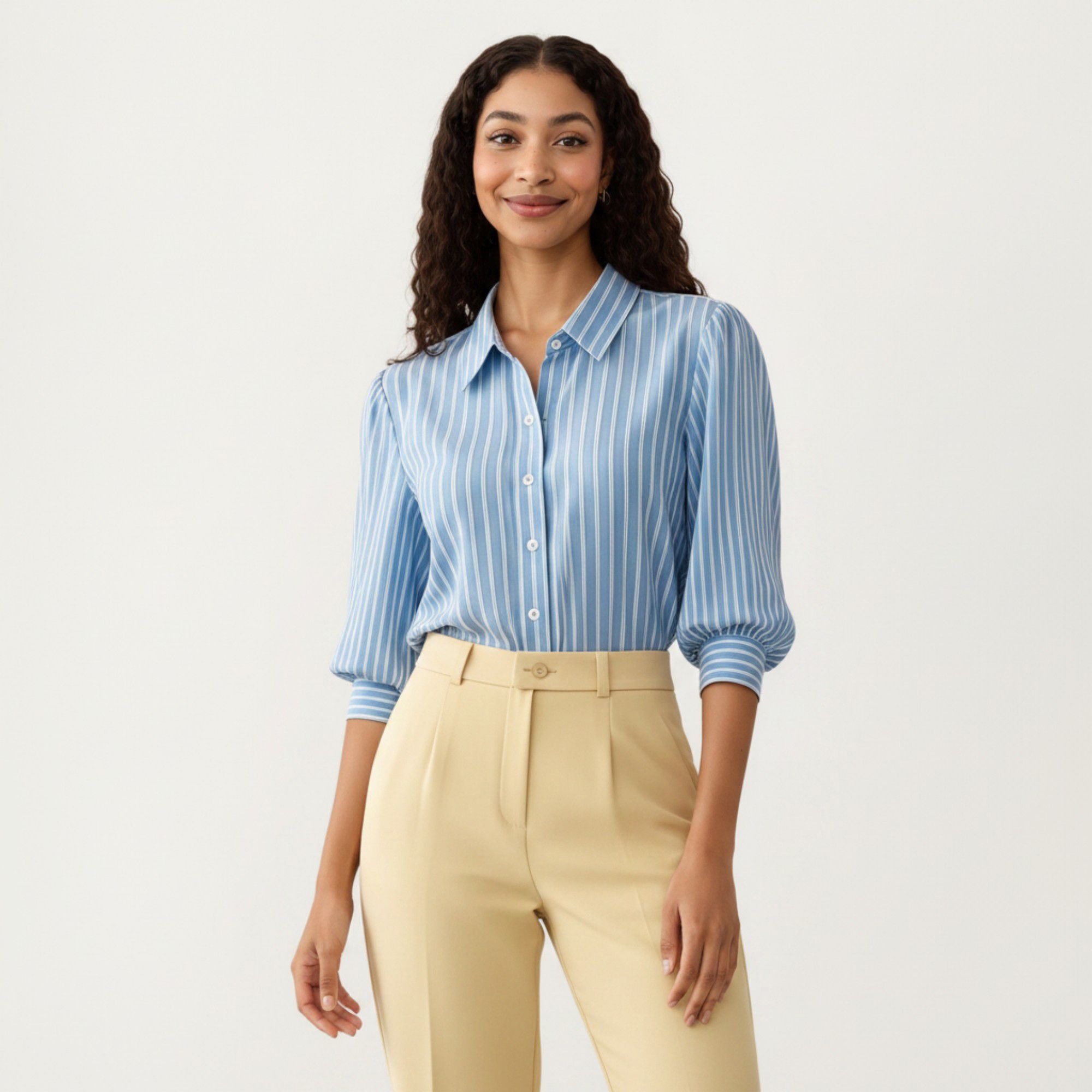 Anna-Kaci Women's Striped Button Down Blouse with Collared Neckline and Puff Sleeves