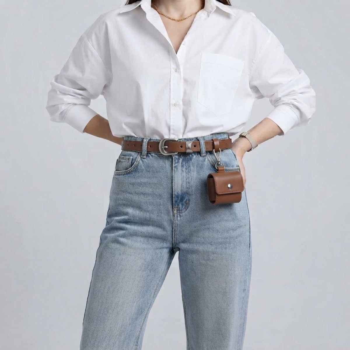 Genuine Leather Belt with Detachable Mini Pouch and Silver Tone Buckle 41.3in