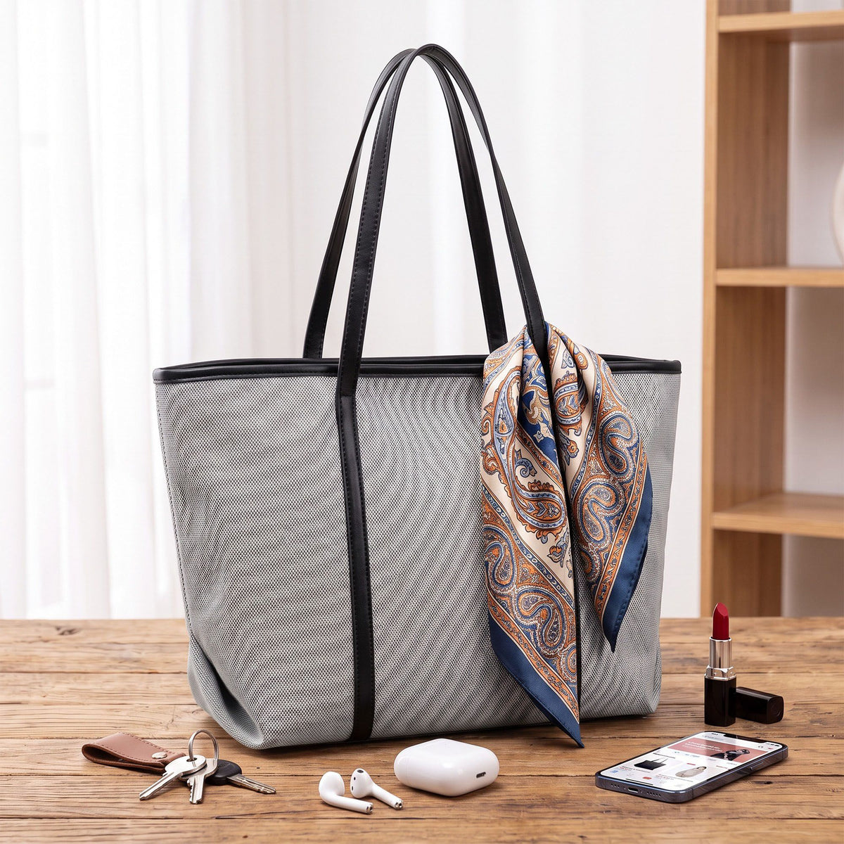 Large Tote Bag with Long Shoulder Straps and Zip Closure