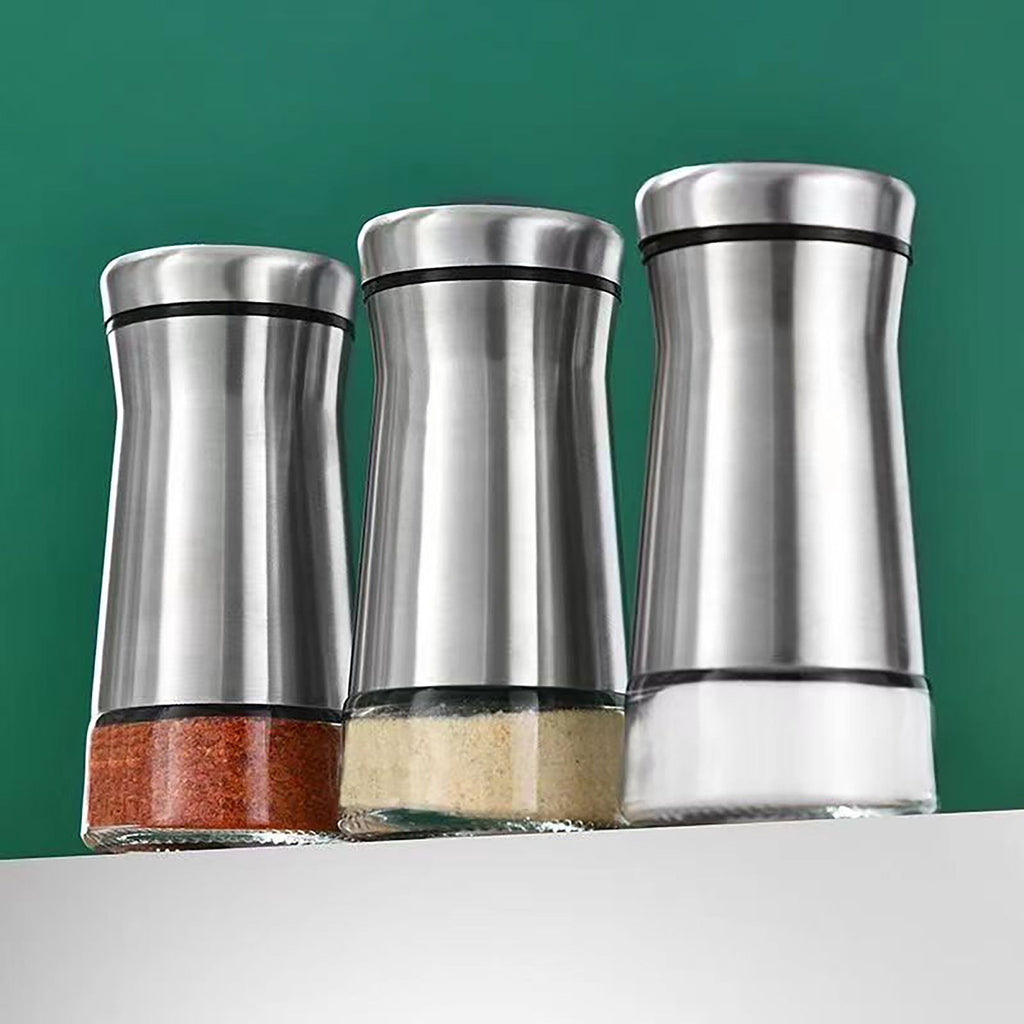 Stainless Steel Spice Shaker Jar with Glass Base and Dispensing Lid