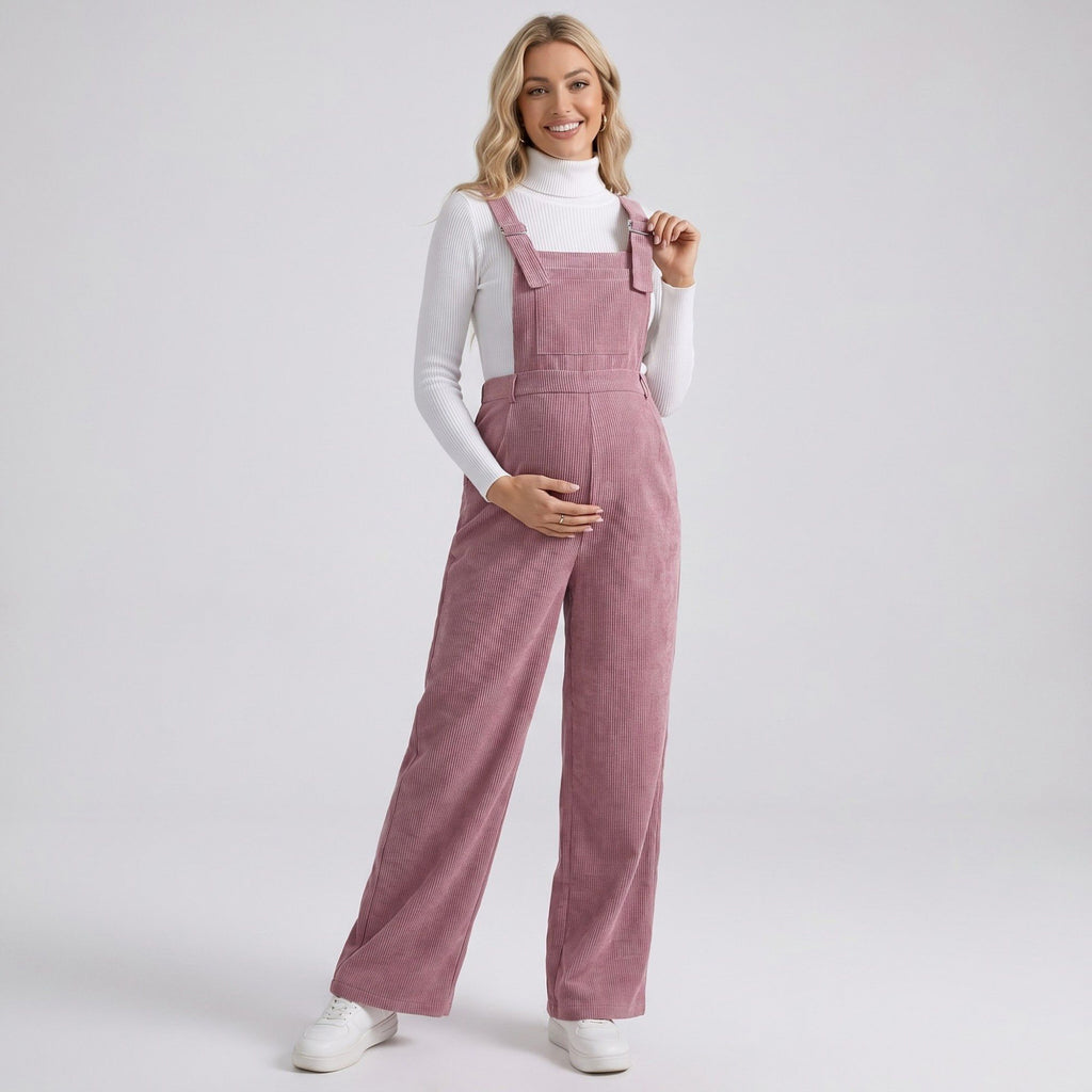 Anna-Kaci Women's Maternity Corduroy Overall Jumpsuit with Adjustable Straps and Wide Leg Fit