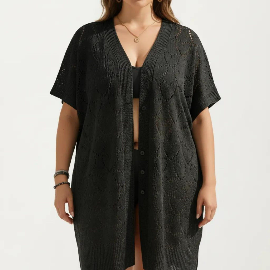 Anna-Kaci Women's Open Front Knit Cardigan with Heart Pointelle Pattern Short Sleeves Relaxed Mid Length Fit