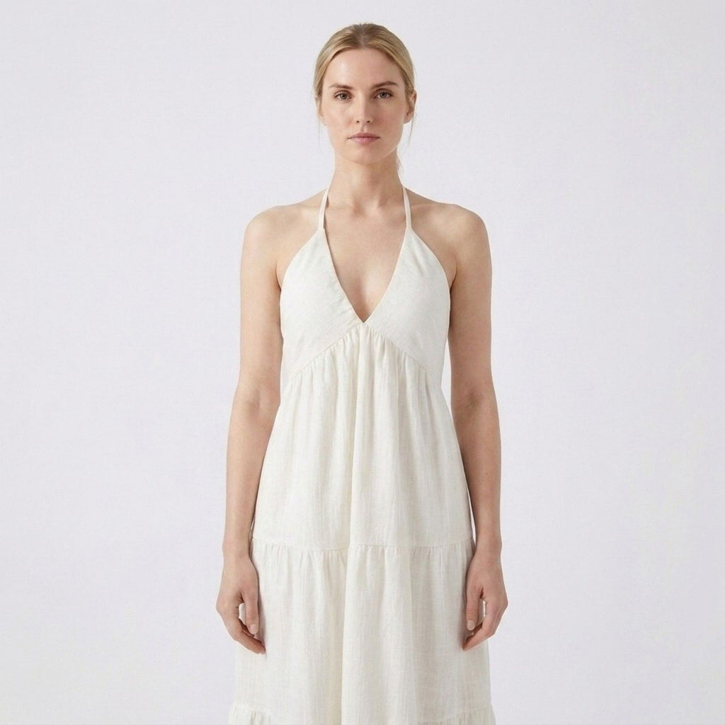 Anna-Kaci Womens Halter Neck Tiered Maxi Dress with Tie Straps Open Back Detail and Flowy A Line Skirt