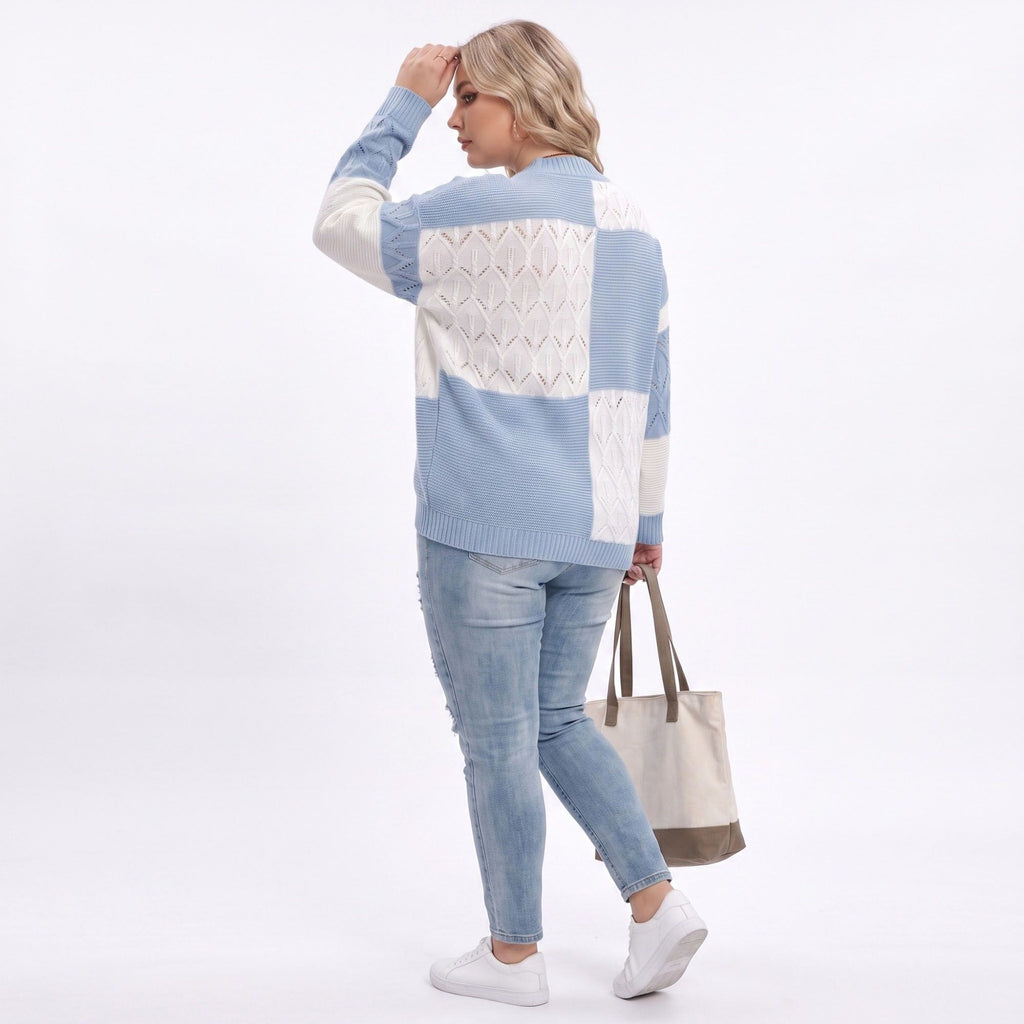 Plus Size Colorblock Pointelle Crewneck Sweater