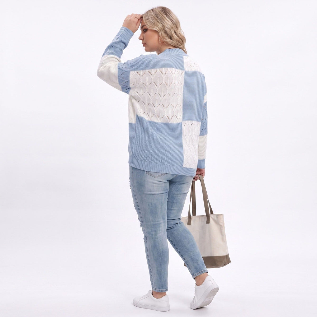 Plus Size Colorblock Pointelle Crewneck Sweater