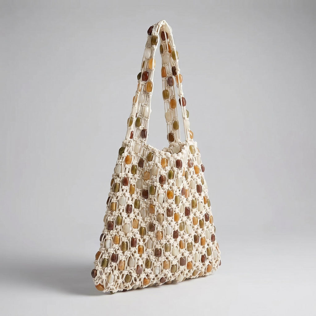 Beaded Shoulder Bag with Open Macrame Design and Double Strap