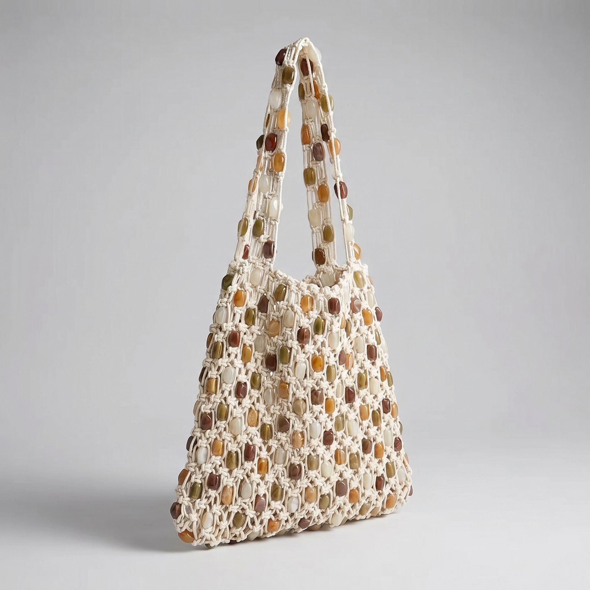 Beaded Shoulder Bag with Open Macrame Design and Double Strap
