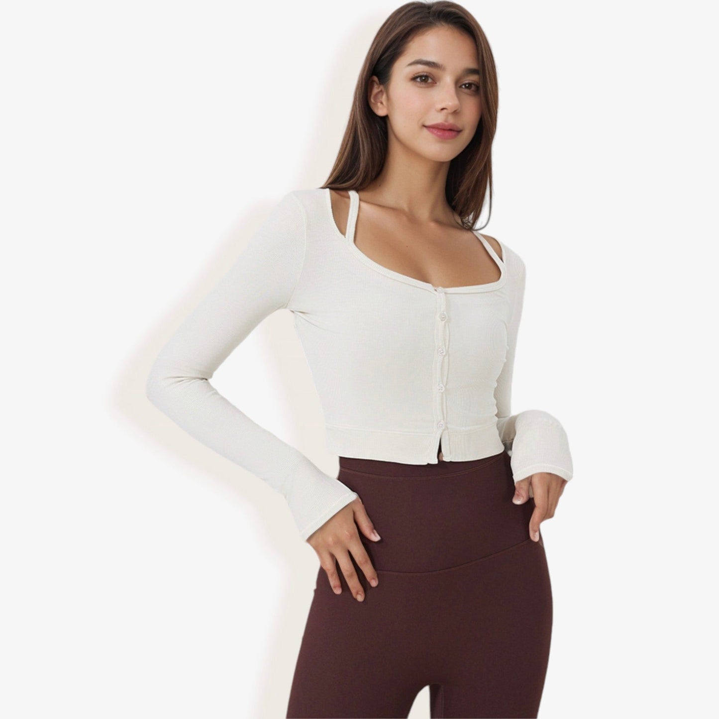 Cropped Button-Up Ribbed Long Sleeve Top with Scoop Neckline