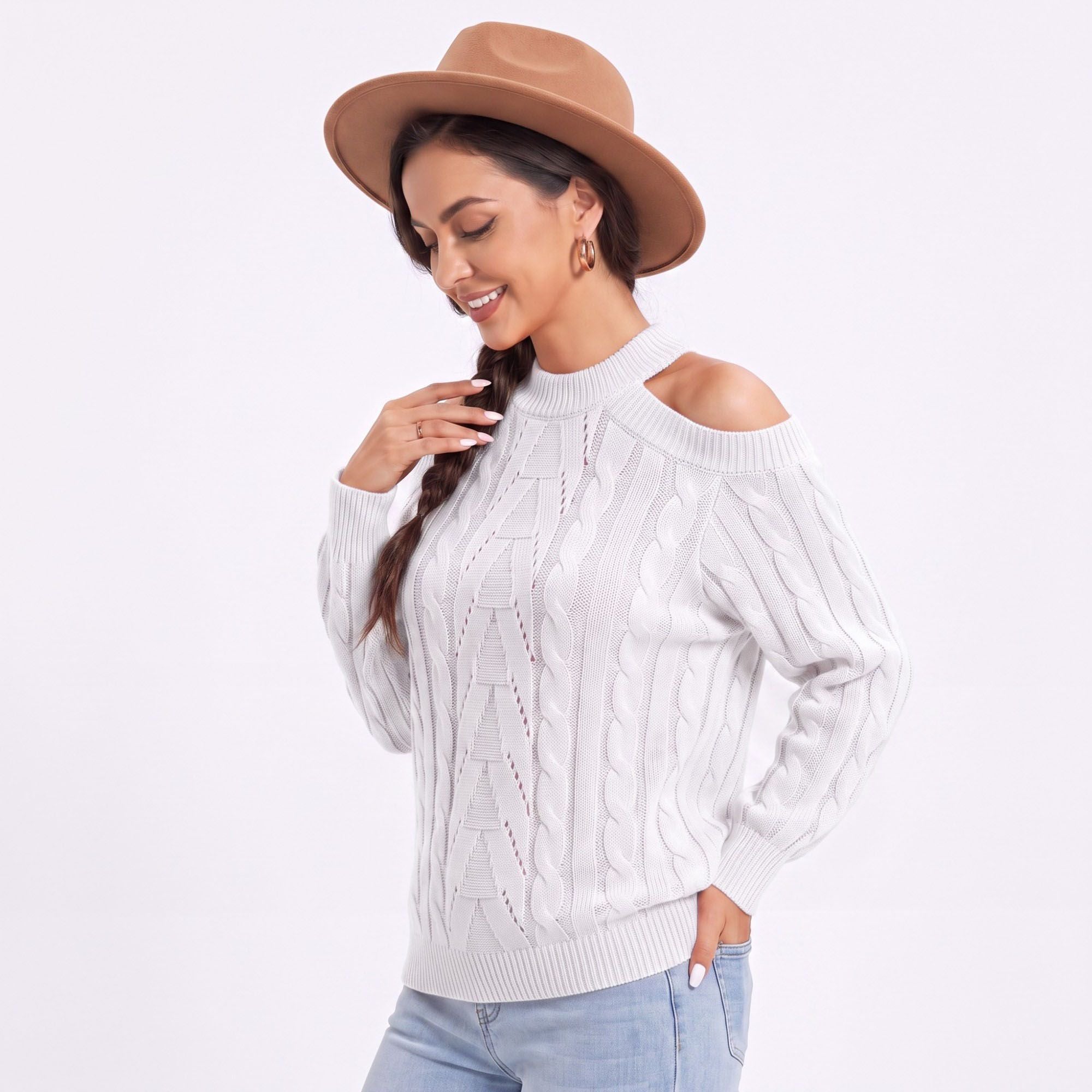 Mock Neck Cold Shoulder Cable Knit Long Sleeve Pullover Sweater