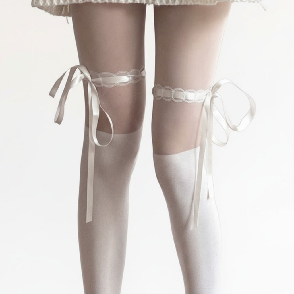 Anna-Kaci Women's Sheer Over-the-Knee Tights with Satin Ribbon Bow and Scalloped Edge Design