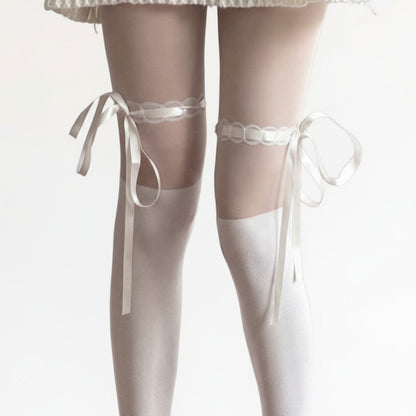 Anna-Kaci 2pcs Women's Sheer Over-the-Knee Tights with Satin Ribbon Bow and Scalloped Edge Design