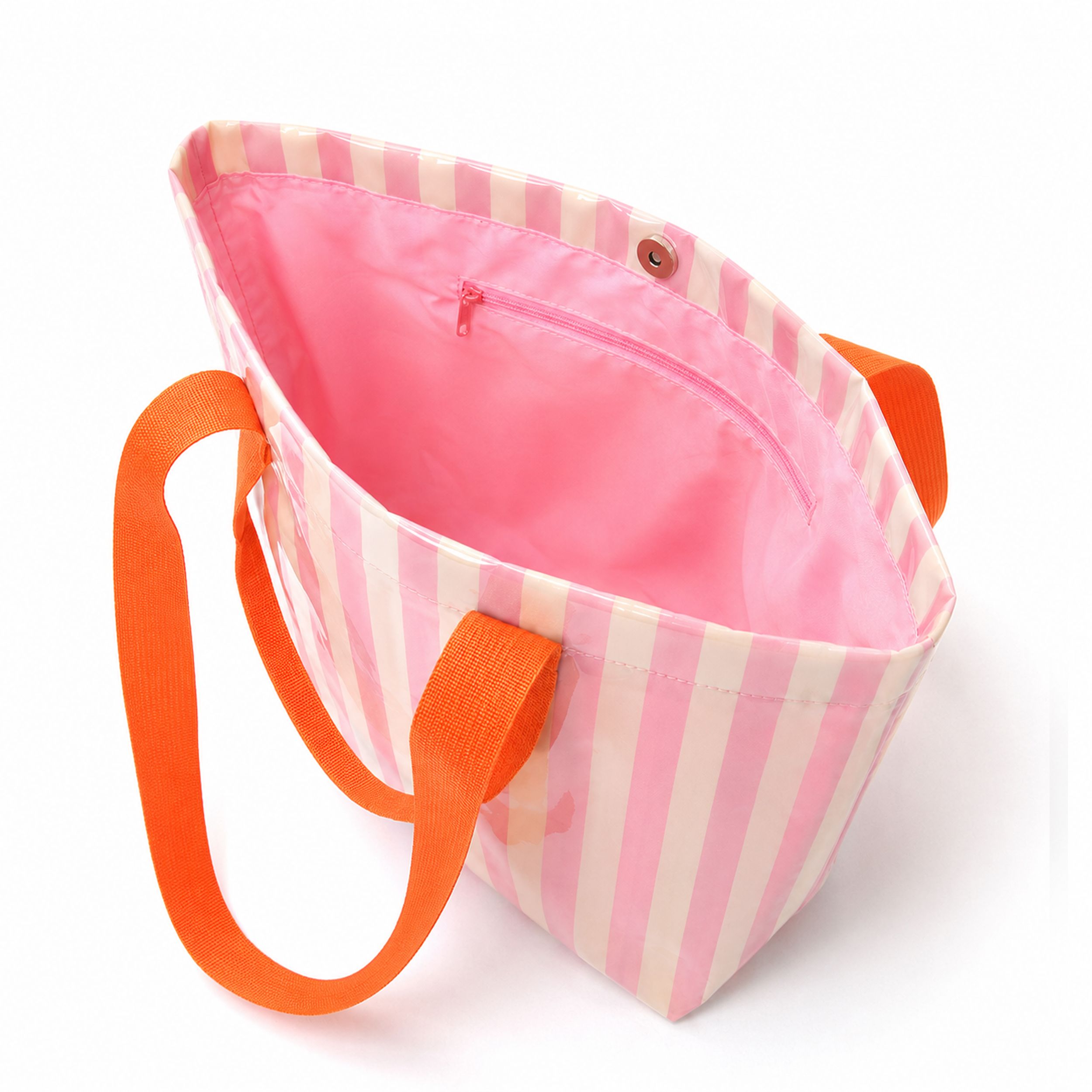 Striped PVC Beach Tote Bag with Magnetic Closure and Zip Pocket
