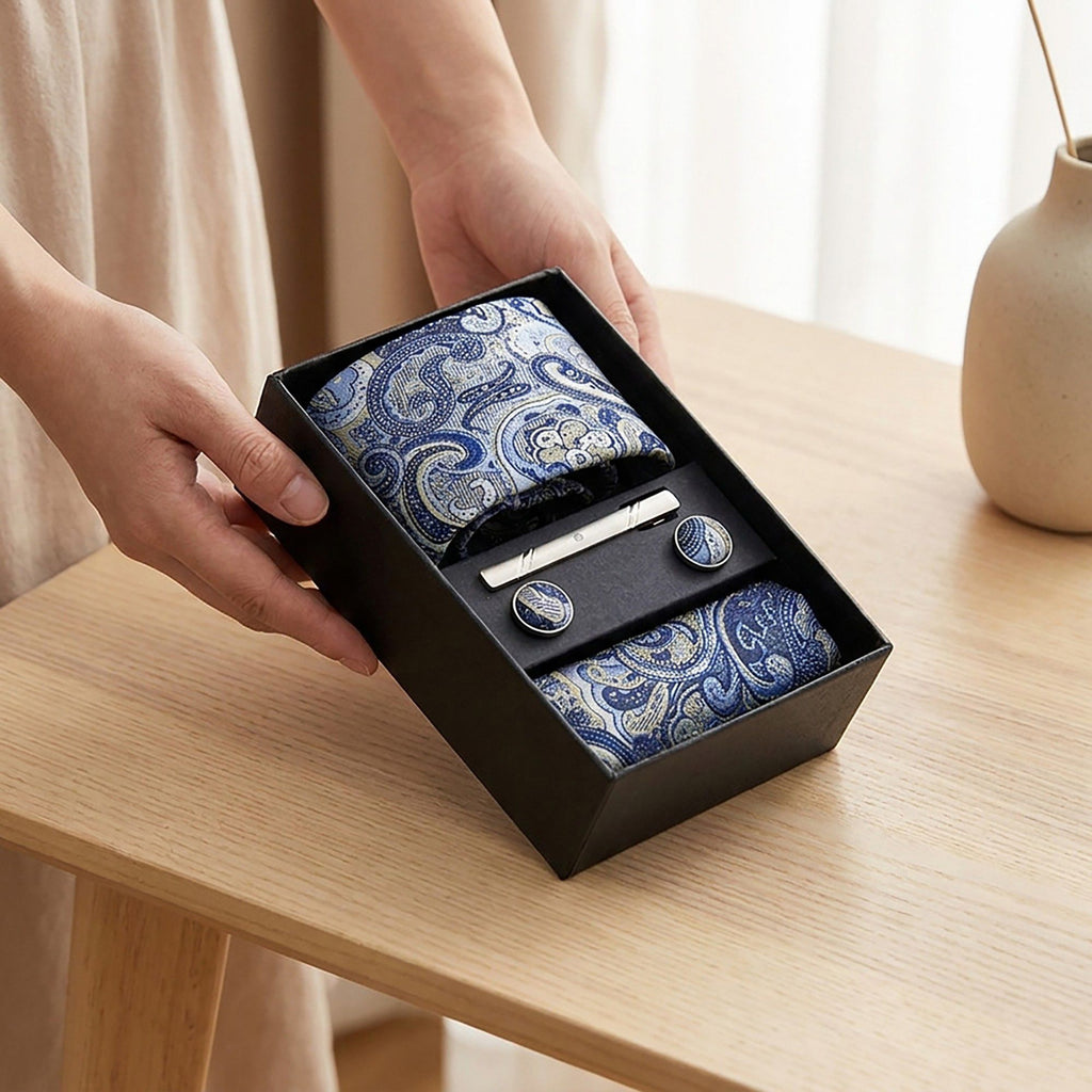 Men's Paisley Pattern Tie Gift Set with Matching Pocket Square Cufflinks and Silver Tie Clip
