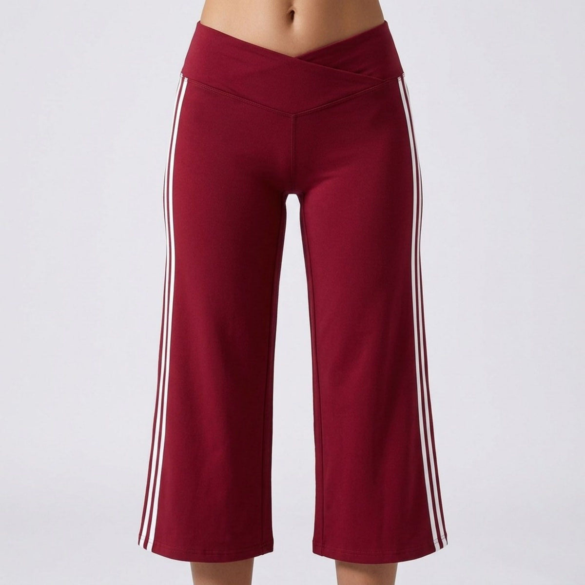 Crossover Waistband Side-Stripe Cropped Wide-Leg Trousers