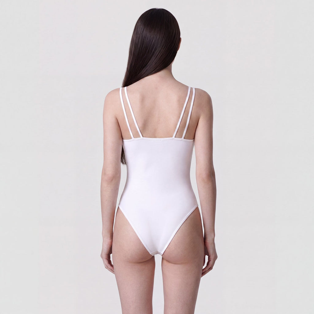 Ribbed Cami Bodysuit with V Neckline and Slim Spaghetti Straps