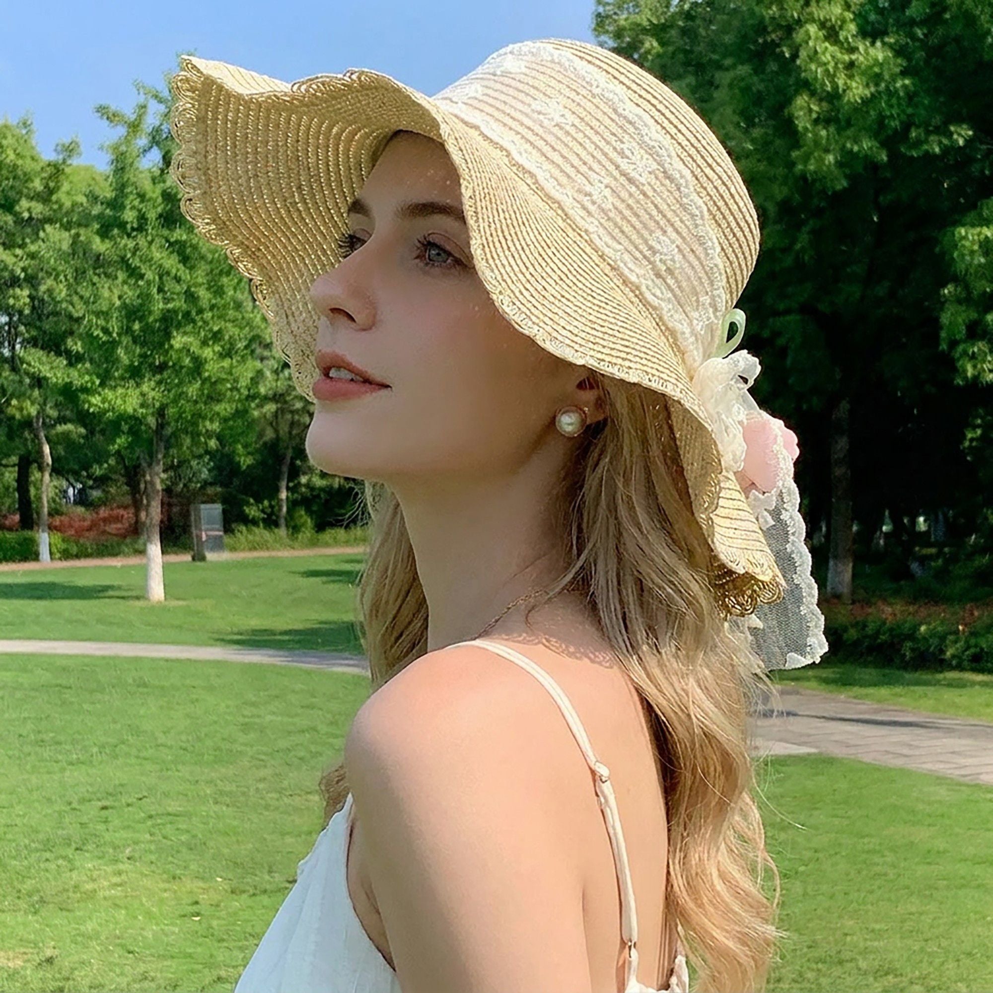Wide Brim Straw Sun Hat with Scalloped Edge Lace Bow and Floral Accent