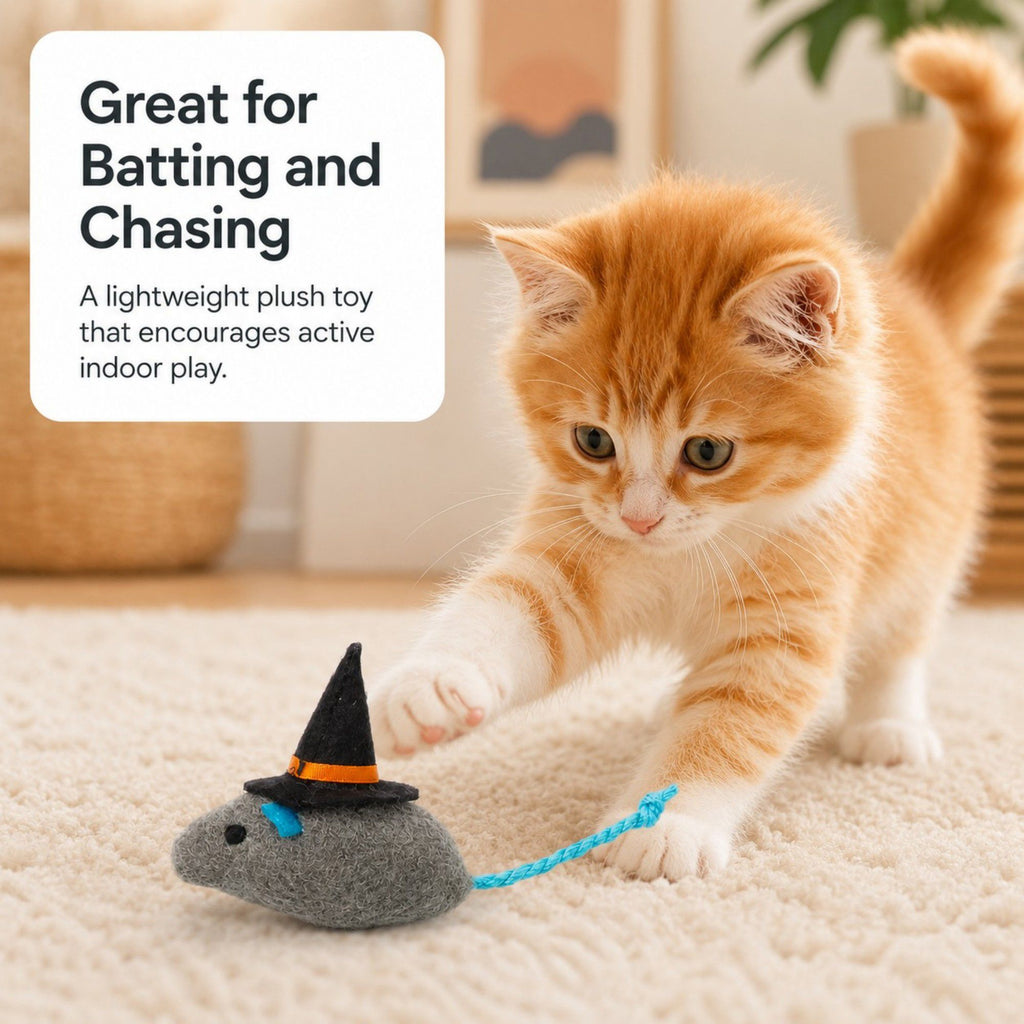 Halloween Witch Mouse Cat Toy with Soft Plush Body and Rope Tail