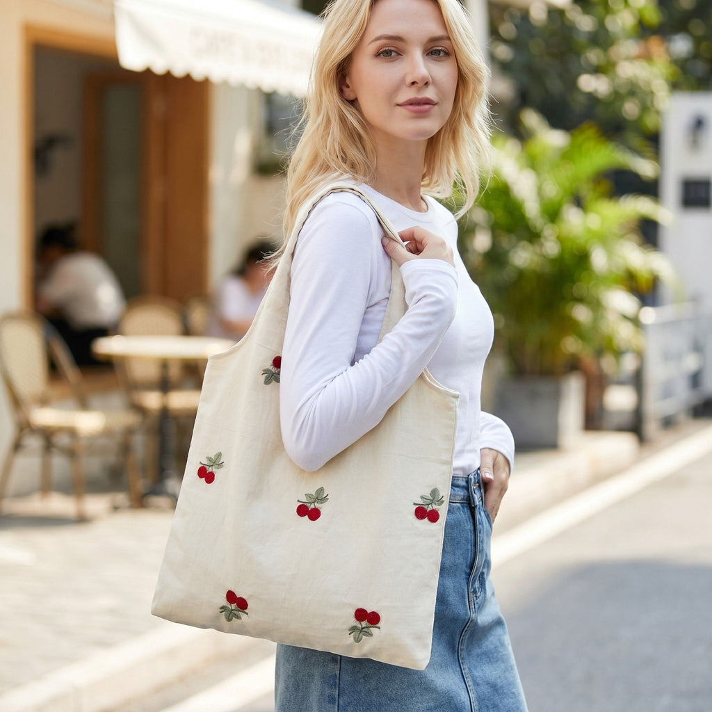 Cherry Embroidered Slouchy Shoulder Tote Bag Soft Lightweight Fabric Everyday Carryall86