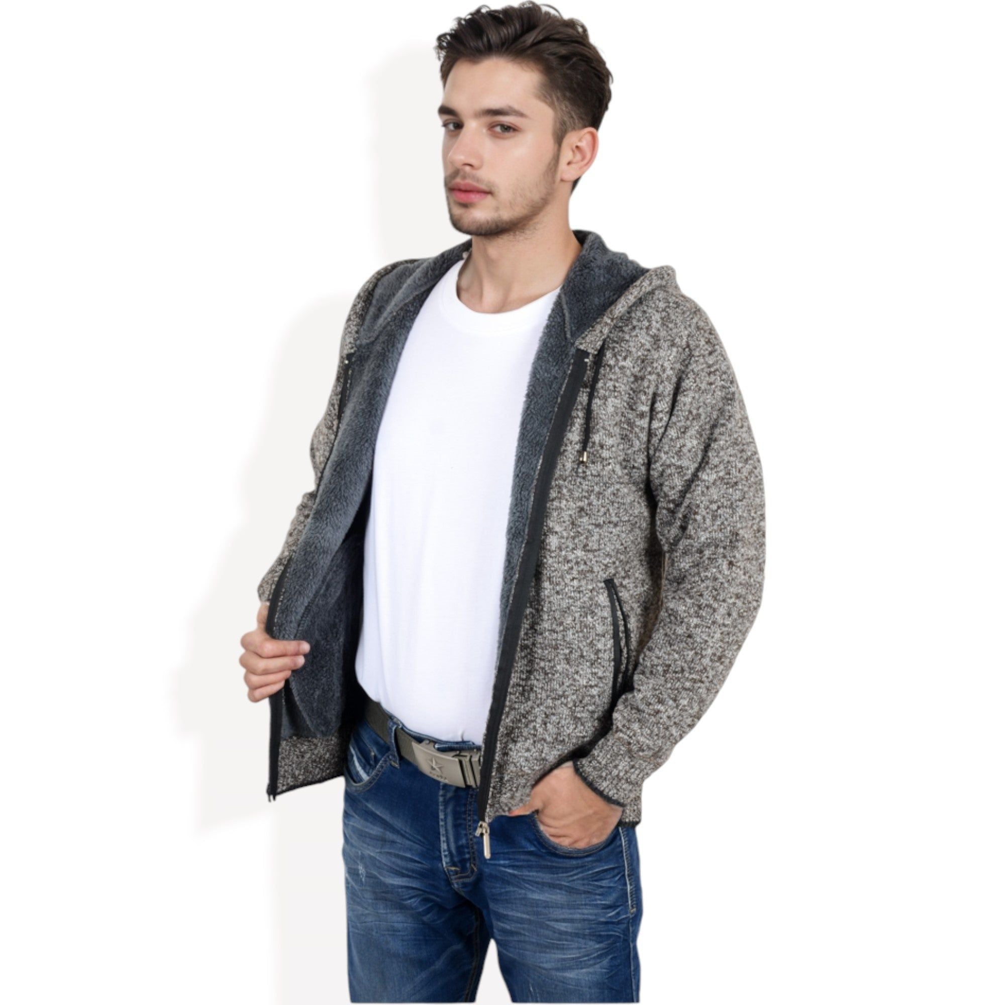 Anna-Kaci Men's Zip-Up Hooded Fleece Jacket with Adjustable Drawstrings and Front Pockets