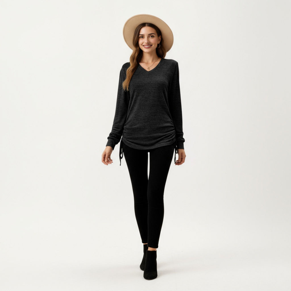 Anna-Kaci Women's Long Sleeve V-Neck Top with Side Drawstring Ruched Hem