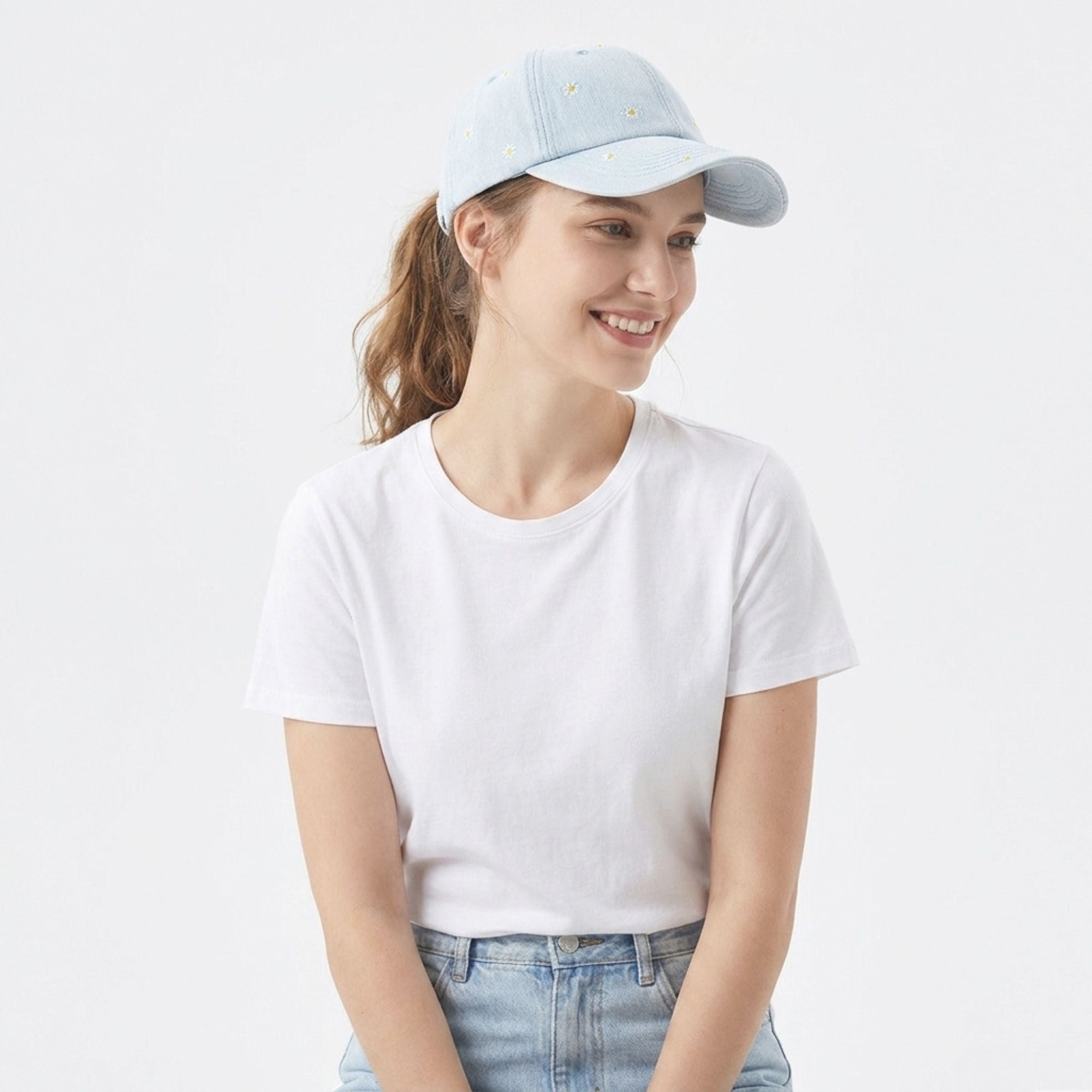 Denim Baseball Cap Daisy Embroidered Adjustable Dad Hat