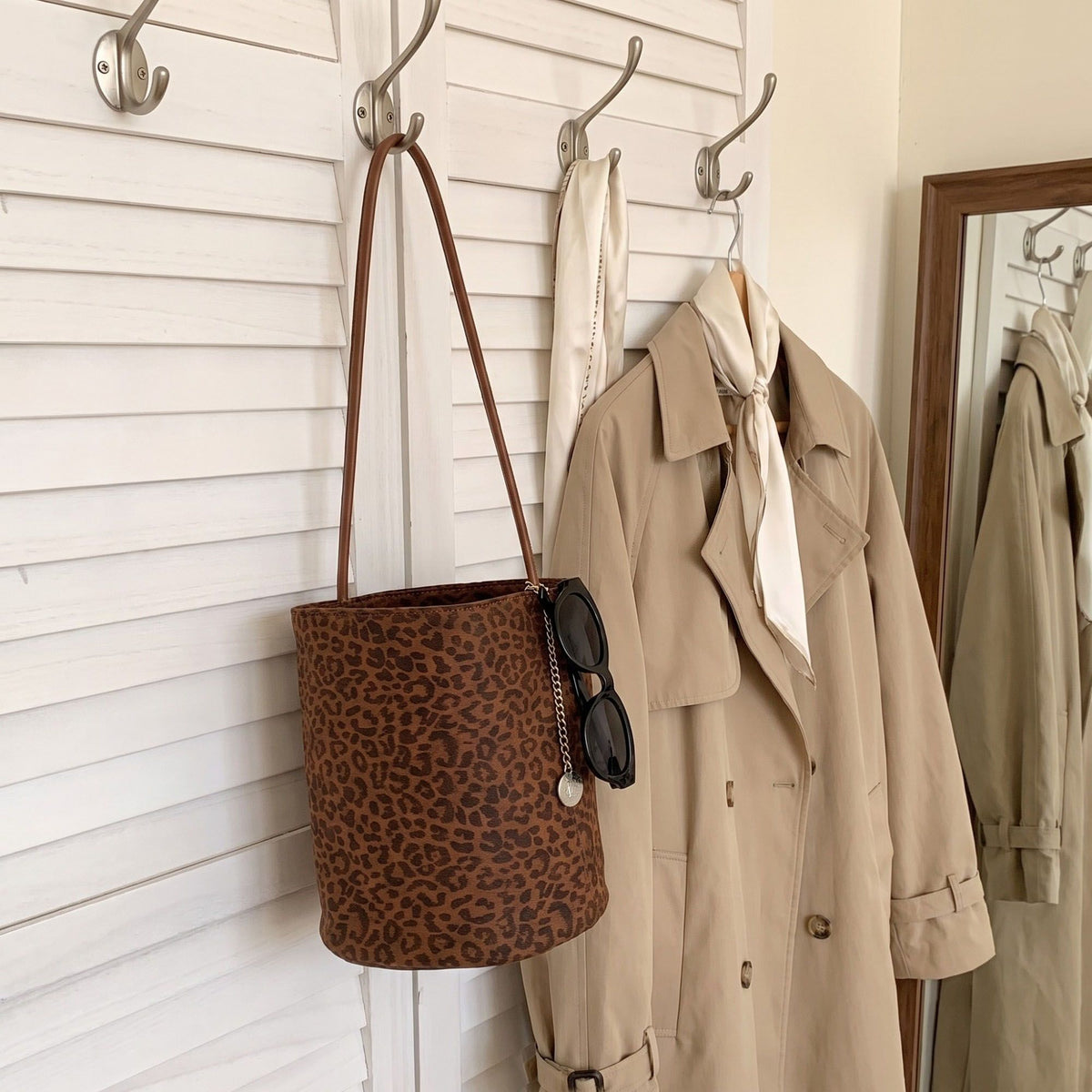 Leopard Print Bucket Shoulder Bag with Chain Charm
