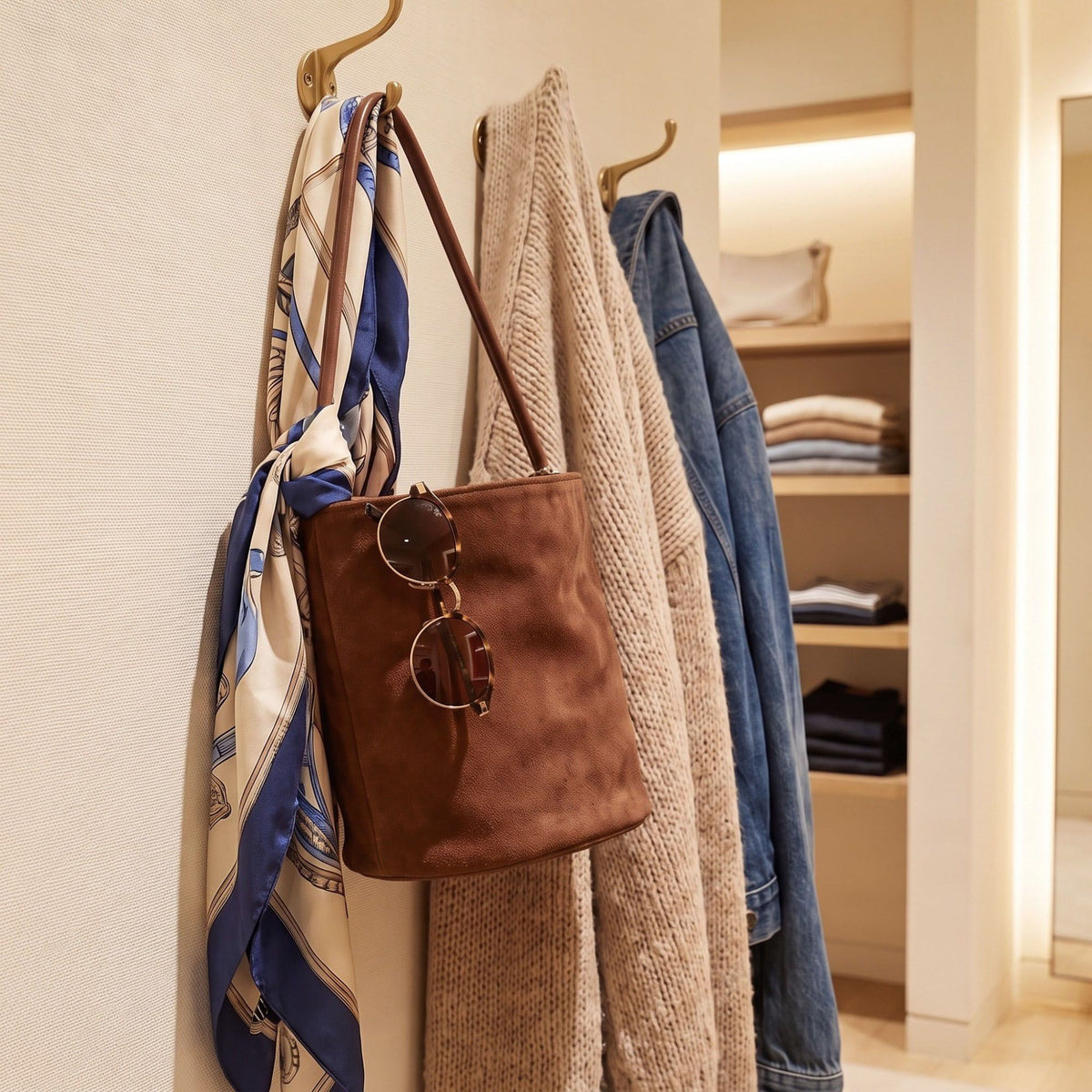 Faux Suede Bucket Shoulder Bag with Chain Accent
