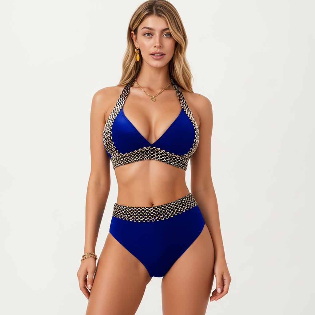 Anna-Kaci Women's 2-Piece High Waisted Bikini Set with Halter Top and Textured Trim Detail