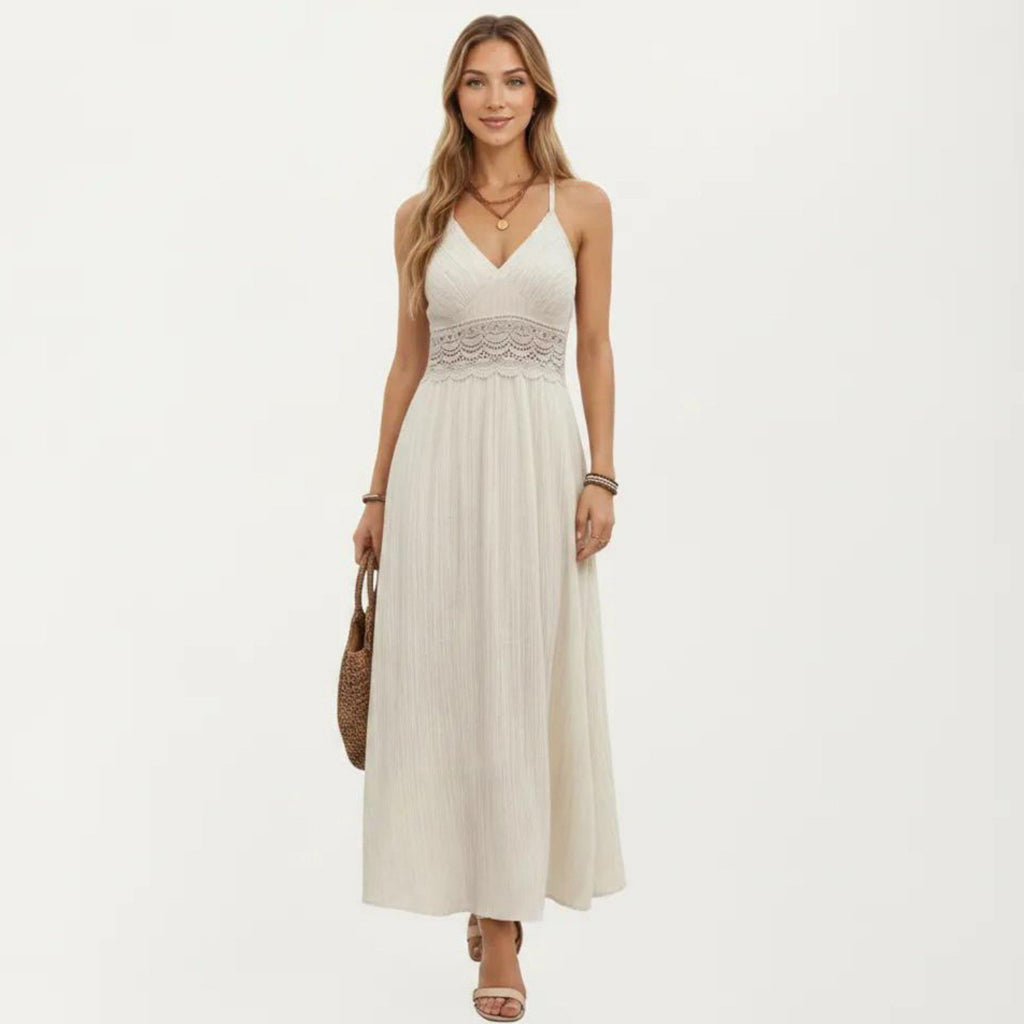 Anna-Kaci Women's Boho Crochet Lace Inset Maxi Dress with Keyhole Back