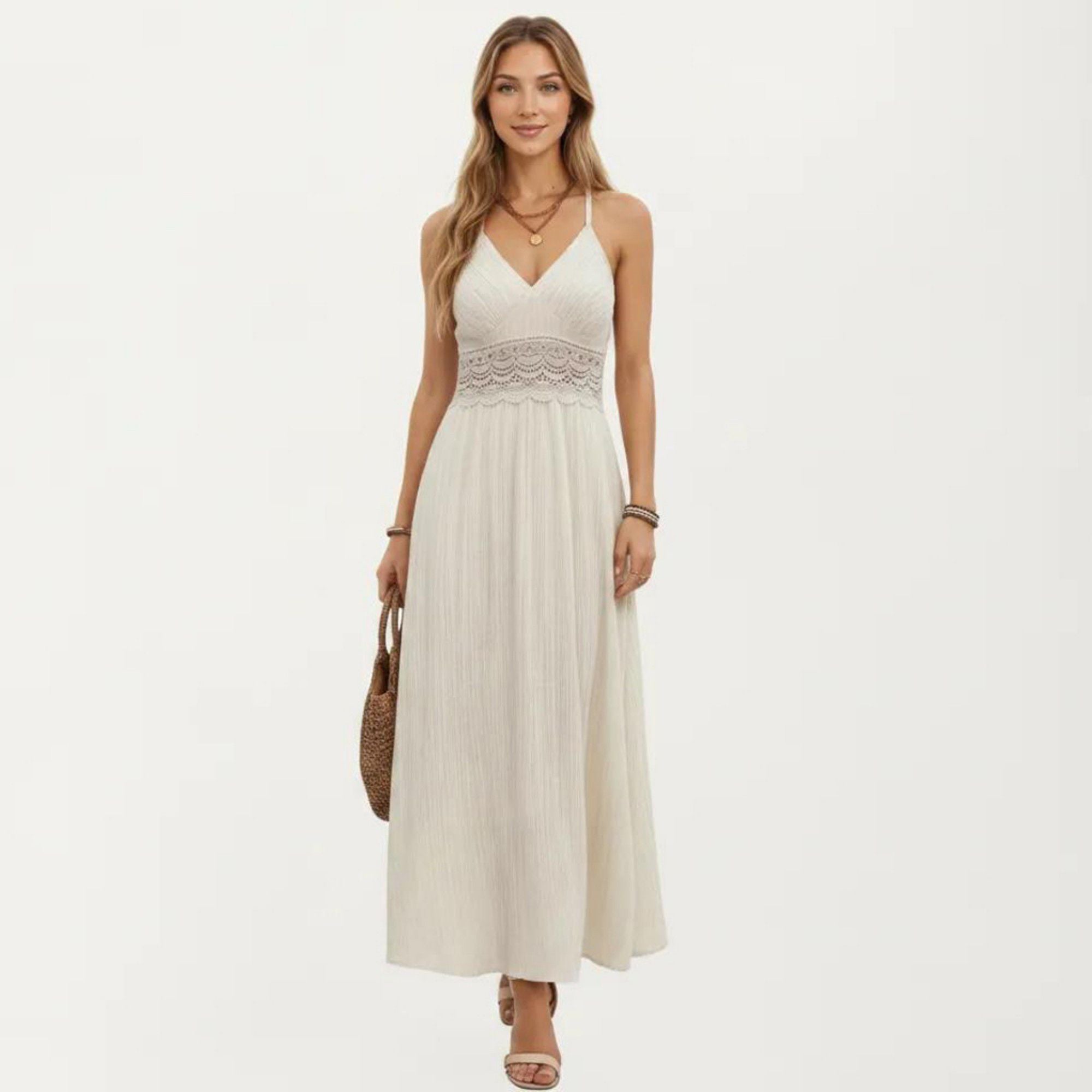 Anna-Kaci Women's Boho Crochet Lace Inset Maxi Dress with Keyhole Back