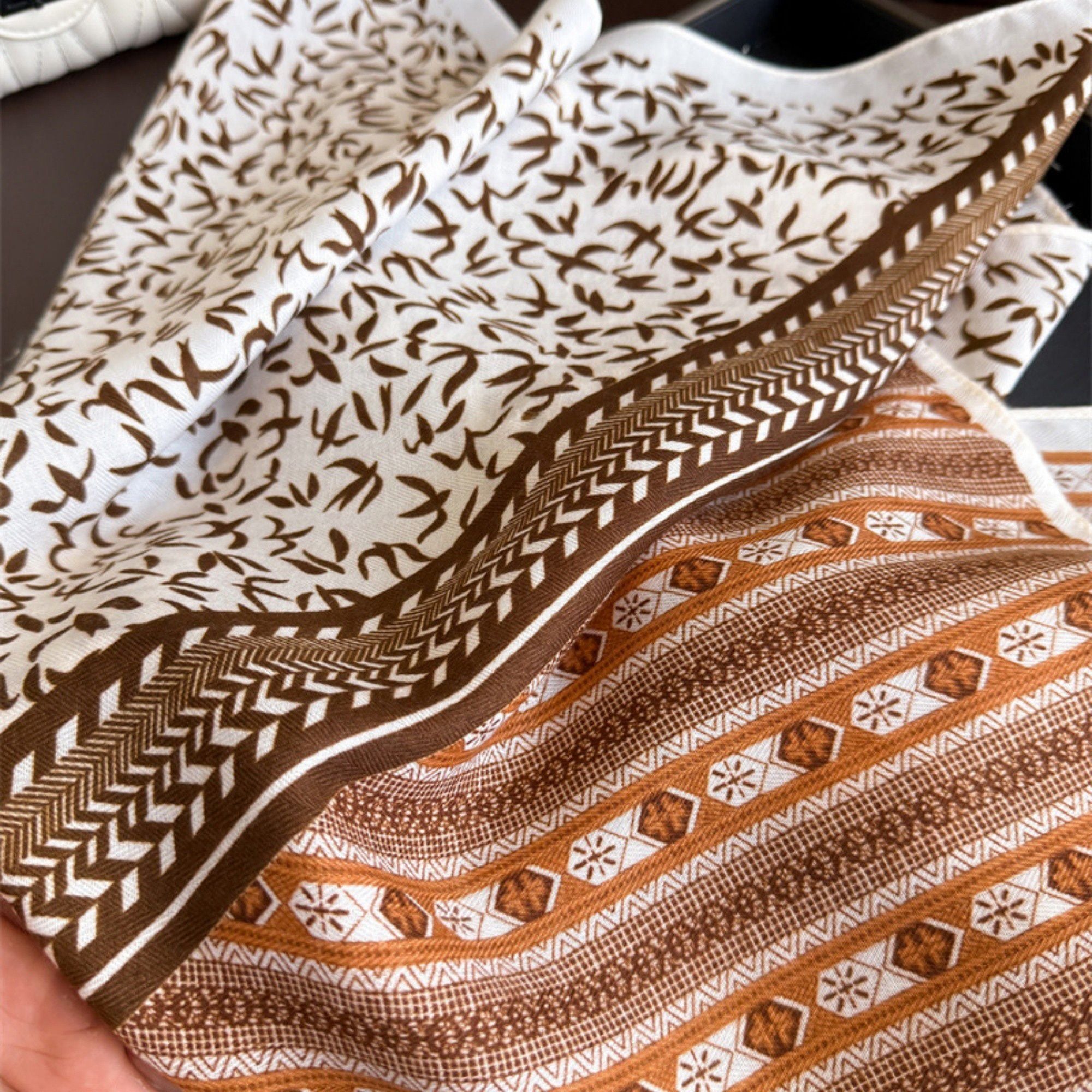 Anna-Kaci Women's Geometric and Leaf Print Satin Square Scarf with Contrasting Patterns 27x27in
