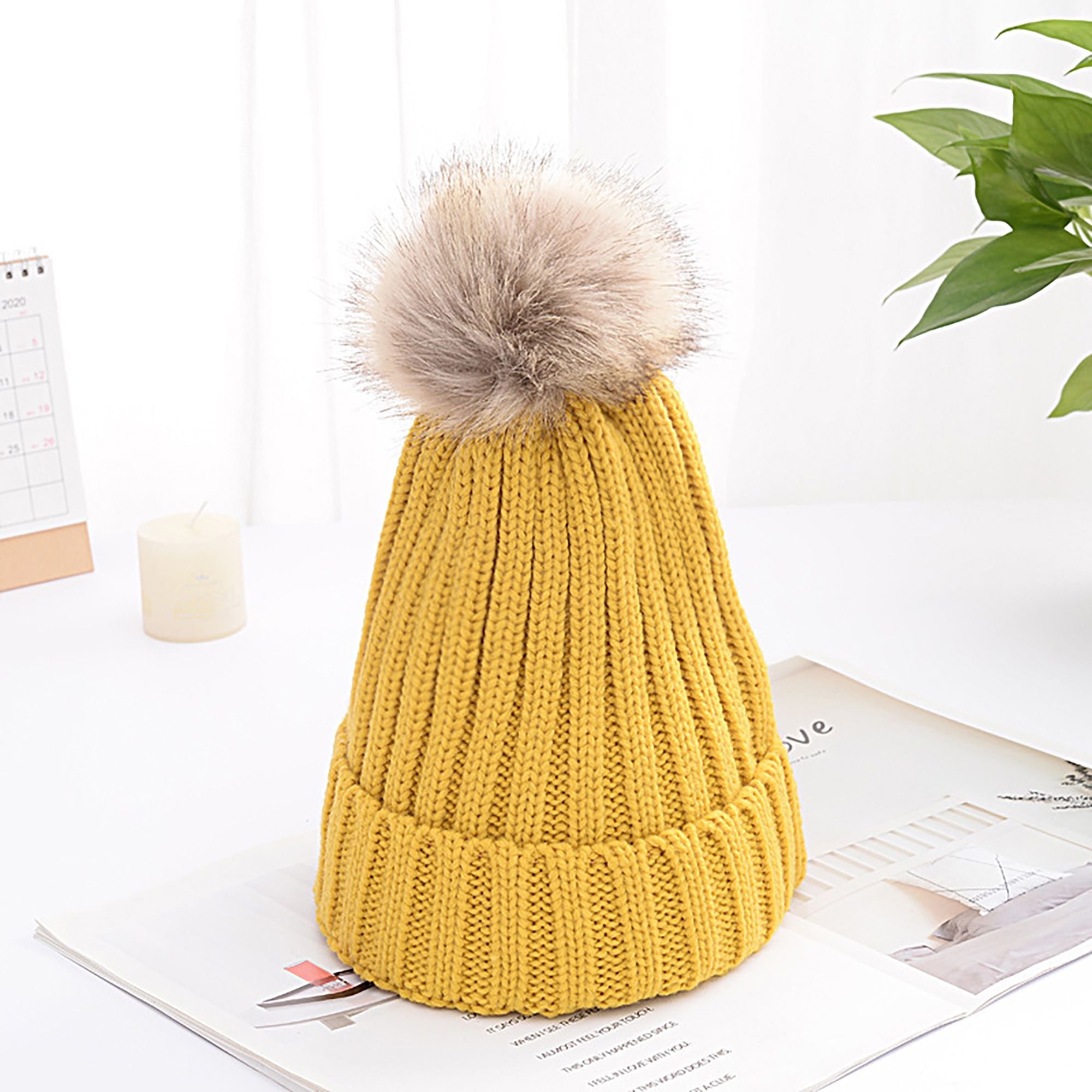 Anna-Kaci Women's Cable Knit Beanie with Faux Fur Pom-Pom - Warm Stretchy Winter Hat for Casual Daily Wear